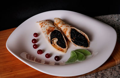 High angle view of food in plate on table