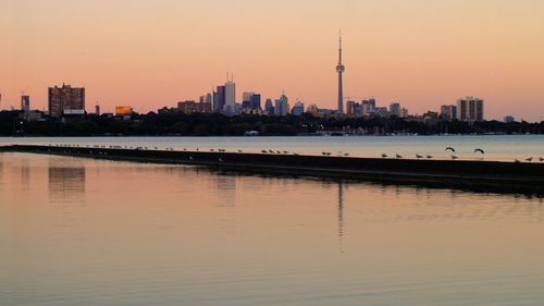 City skyline at sunset