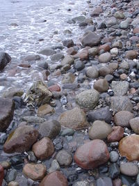 High angle view of stones on beach