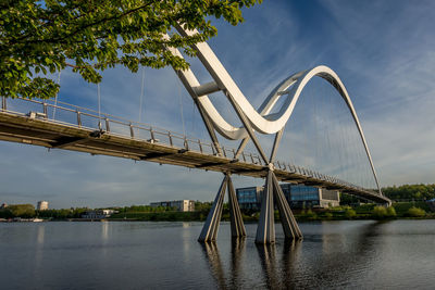 Bridge over river against sky in city