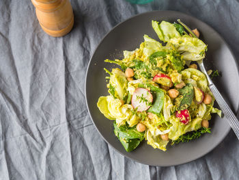 High angle view of salad in plate on table