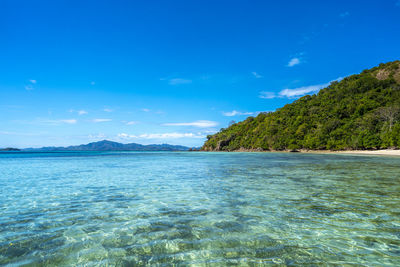 Scenic view of sea against blue sky