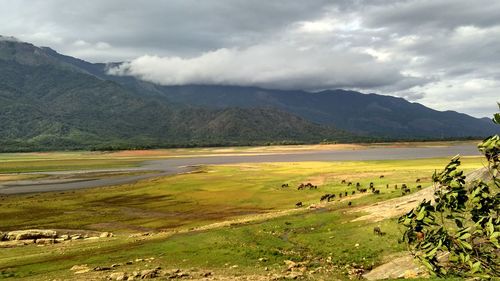Scenic view of mountains against cloudy sky