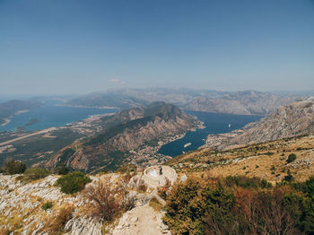 High angle view of plants and mountains against sky