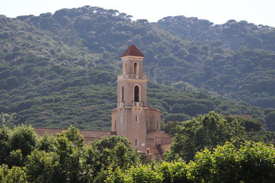 Castle by tree and buildings against sky