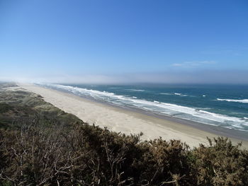 Scenic view of beach against clear blue sky