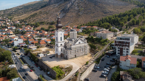 High angle view of buildings in city
