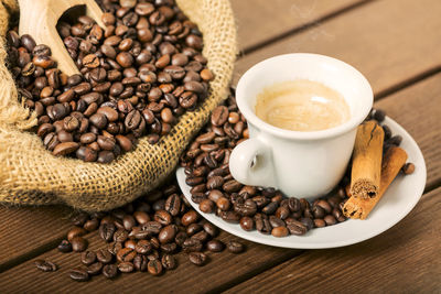High angle view of coffee cup on table