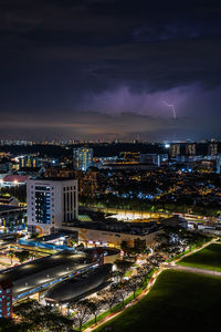 High angle view of illuminated cityscape against sky at night