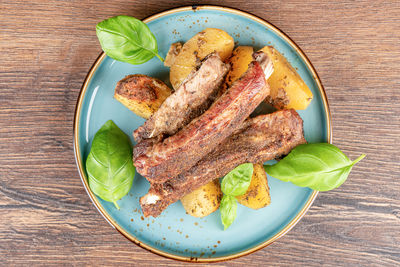 High angle view of food in plate on table