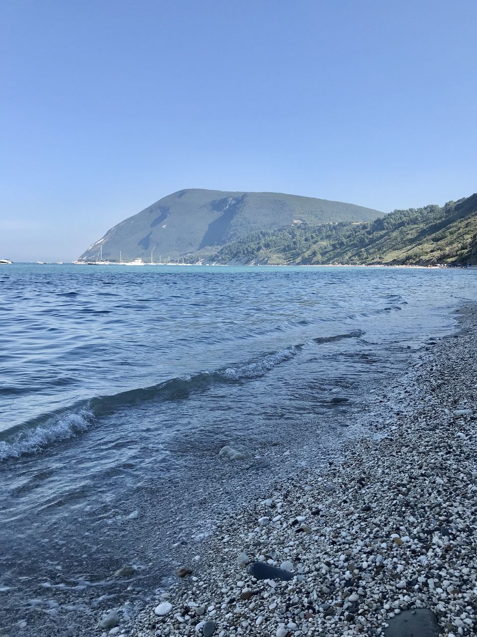 SCENIC VIEW OF SEA AND MOUNTAINS AGAINST CLEAR SKY