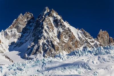 Scenic view of snowcapped mountains against clear blue sky