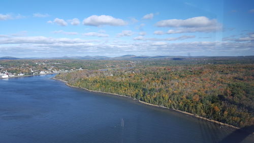 Scenic view of river and landscape against sky