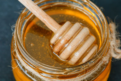 High angle view of honey on table