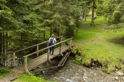 High angle view of woman walking on footbridge in forest