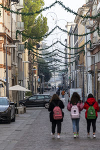 Rear view of people walking on street amidst buildings