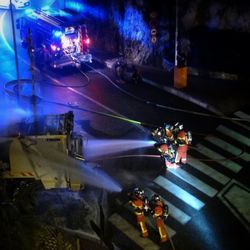 Illuminated train at night