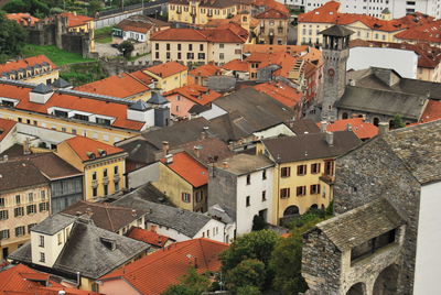 High angle view of houses in town