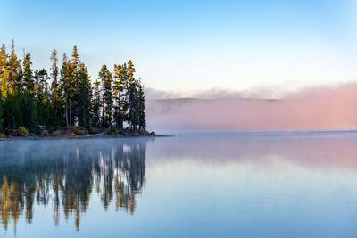 Scenic view of lake against sky at sunset