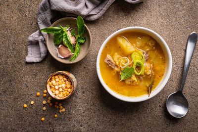 High angle view of soup in bowl on table