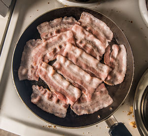 High angle view of meat in cooking pan