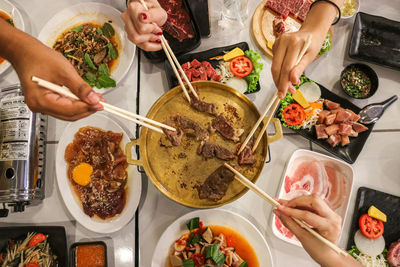 High angle view of meal served on table