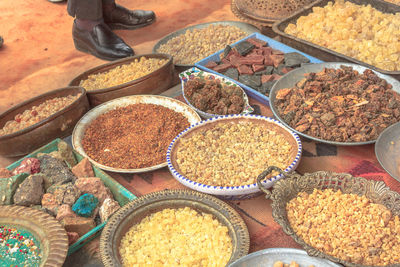 High angle view of spices for sale in market