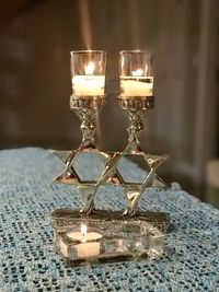 Close-up of illuminated lamp on table