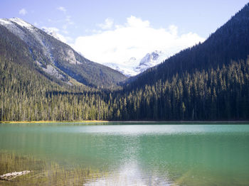 Scenic view of lake by mountains against sky