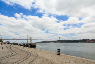 View of suspension bridge against cloudy sky