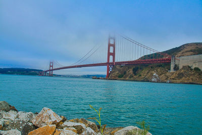 View of suspension bridge over sea