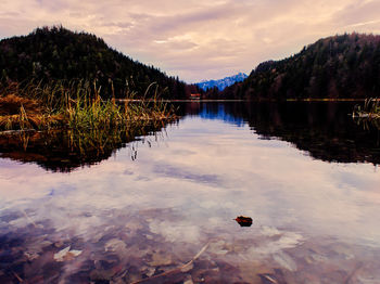 Scenic view of lake against sky at sunset