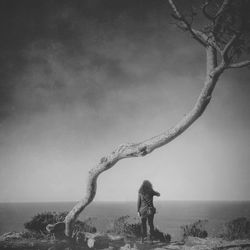 Rear view of woman standing by tree at sea shore against sky