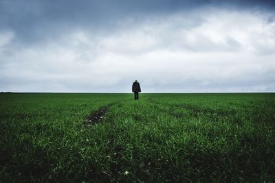 Rear view of man standing on agricultural field against cloudy sky