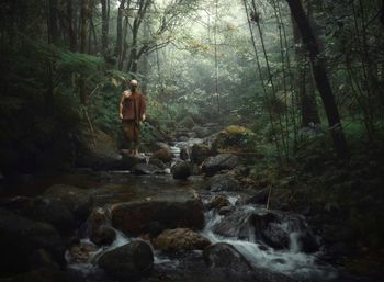 Water flowing through rocks in forest