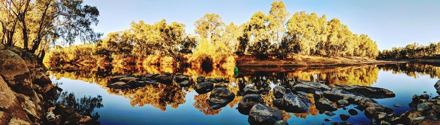 Reflection of trees in lake against sky