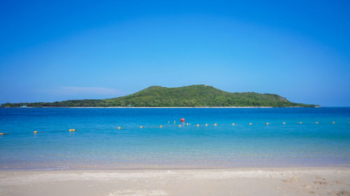 Scenic view of sea against clear blue sky