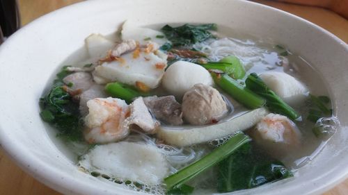 Close-up of soup in bowl on table
