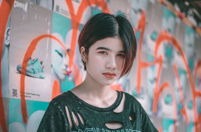 Portrait of young woman standing against graffiti wall