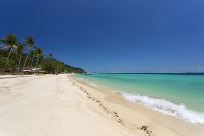 Scenic view of beach against clear blue sky