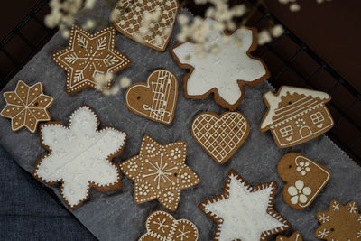 High angle view of cookies on christmas tree