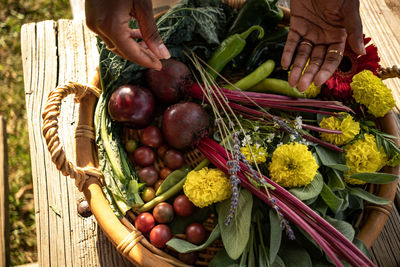 High angle view of fruits in basket