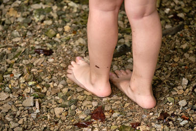 Low section of child standing in river