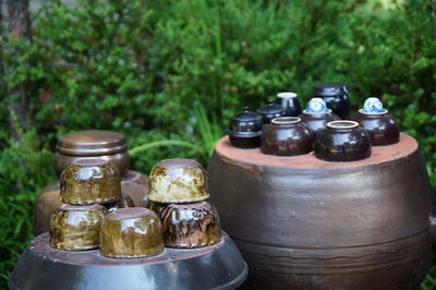 High angle view of beer in jar on table