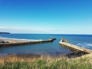 Scenic view of sea against clear blue sky