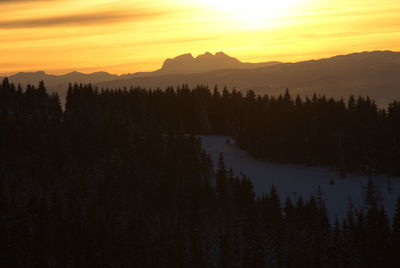 Scenic view of silhouette mountains against orange sky