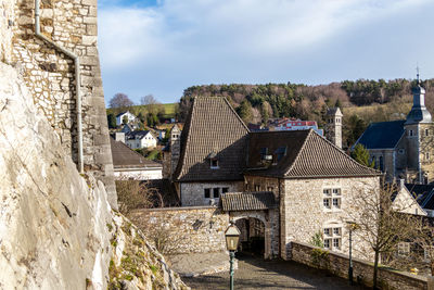 View from the castle at the roofs of the old town of stolberg, eifel, germany