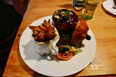 High angle view of food in plate on table