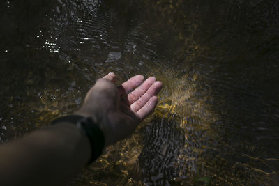 Cropped hand in lake