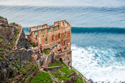 High angle view of castle against sea